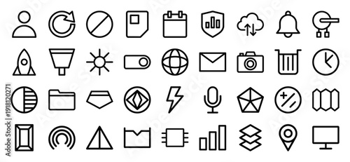 Universal interface icon collection featuring heavyweight vector pictograms of a rocket, camera, globe, envelope, and gears in a thick outline style.
