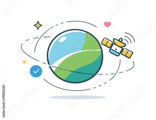 Invisible support systems and quiet reliability in modern services visualized as unseen cosmic infrastructure, a satellite smoothly maintaining orbit