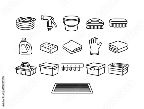 Home outdoor garden tool washing station: garden hose, spray nozzle, bucket, scrub brush, stiff brush, detergent bottle, sponge, microfiber cloth