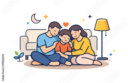 Calm family evening centered on shared rest and emotional closeness at the end of the day, two adults and a child sitting together on the floor near a