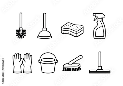 Home bathroom cleaning tools: toilet brush, plunger, scrub sponge, cleaning spray bottle, rubber gloves, bucket, grout brush, floor squeegee