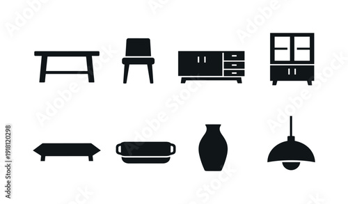 Home dining room essentials: dining table, dining chair, sideboard, display cabinet, pendant light, table runner, serving tray, vase
