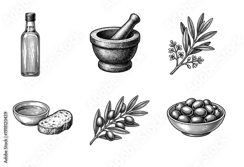 Vintage woodcut style collection of olive oil elements featuring mortar and pestle, olive branches, glass bottle, and Mediterranean snacks.