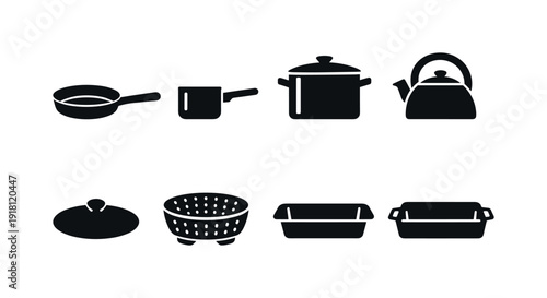 Kitchen cookware basics: frying pan, saucepan, stockpot, kettle, lid, steamer basket, baking dish, roasting pan