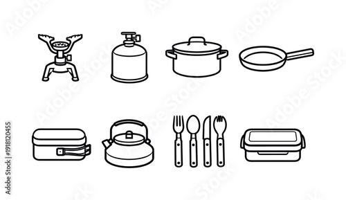 Outdoor camping cooking equipment: camping stove, gas canister, cooking pot, frying pan, mess tin, camping kettle, utensil set, food container