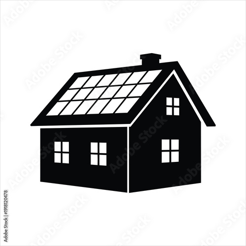 Black silhouette of a house with solar panels on the roof and multiple windows.