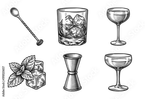 Set of hand drawn cocktail and barware illustrations in a classic vintage engraving style featuring glassware and mixing tools.