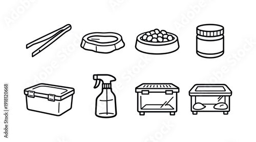 Home reptile feeding supplies: feeding tong, water dish, food bowl, calcium jar, vitamin jar, storage container, spray bottle, feeder box