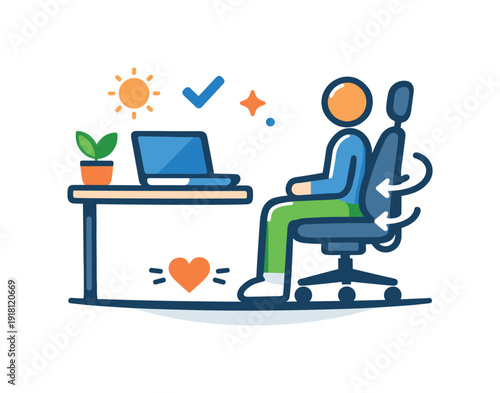 Healthy remote work environment and ergonomic lifestyle emphasizing comfort and long-term well-being, a minimal desk setup with a laptop and an