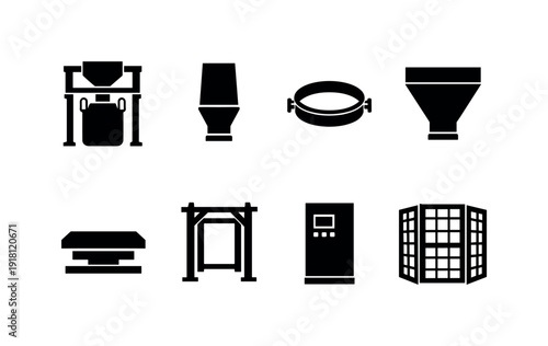 Industrial bulk bag filling line: bulk bag filler, filling spout, clamp ring, weighing hopper, load cell, lifting frame, control cabinet, safety cage