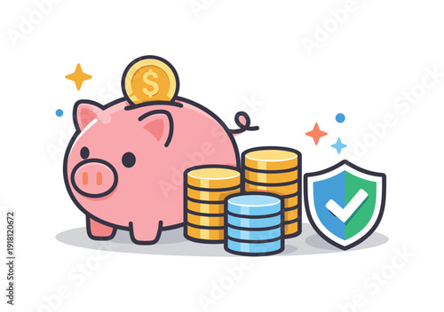 Personal financial security and smart saving habits in everyday life highlighting preparedness and stability, a piggy bank combined with stacked coins
