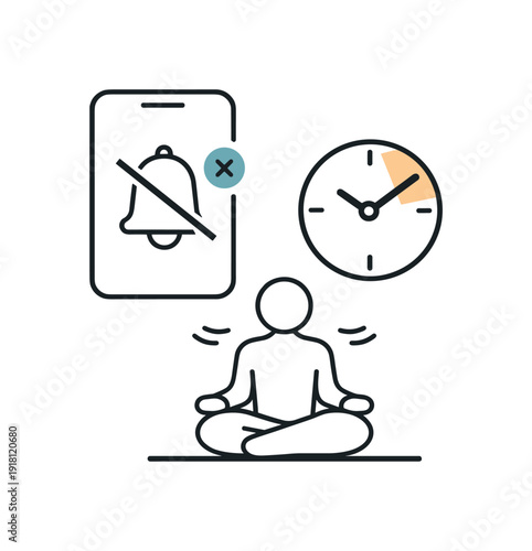 Digital wellbeing and notification control in everyday work life focused on reducing distraction, a smartphone with muted alert icon and a small clock