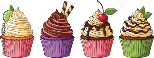 Four Decorated Cupcakes with Frosting and Toppings on White Background dessert sweet