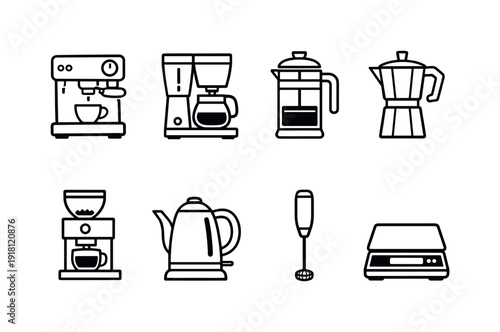 Home coffee brewing devices: espresso machine, drip coffee maker, french press, moka pot, coffee grinder, electric kettle, milk frother, coffee scale