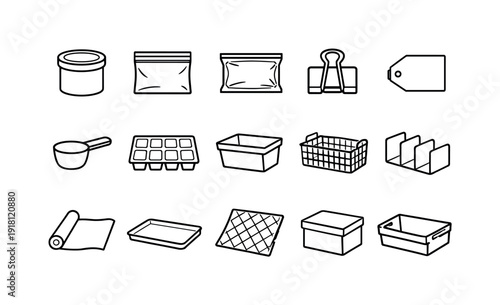 Home freezer chili storage items: chili container, freezer bag, vacuum bag, clip seal, label tag, measuring scoop, freezer tray, storage bin, freezer