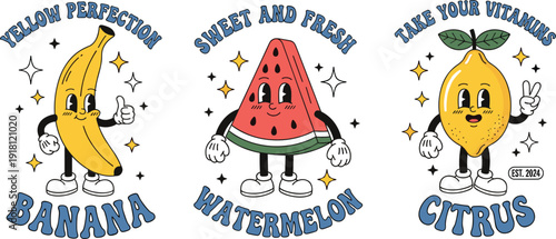 Retro Cartoon Fruits Banana Watermelon Lemon with Text vector illustration