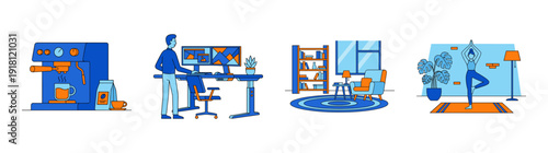 Flat Vector Remote Work and Wellness Graphic Set for Modern Lifestyle and Home Office Design
