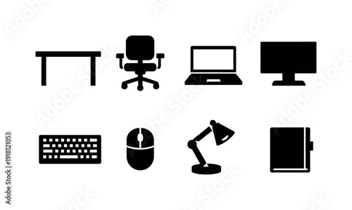 Office daily desk setup: office desk, office chair, laptop, monitor, keyboard, mouse, desk lamp, notebook