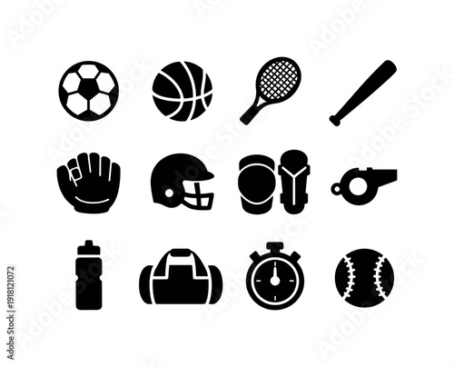Outdoor sports equipment: soccer ball, basketball, tennis racket, baseball bat, baseball glove, helmet, knee pad, shin guard, whistle, water bottle