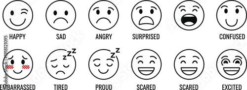 Set of twelve simple line art emoticons showing different emotions with labels emojis expressions