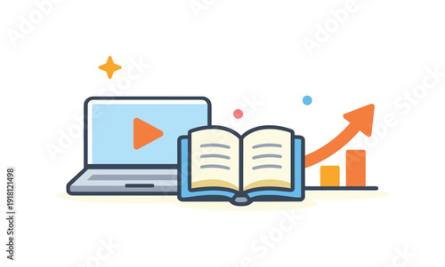 Remote learning and continuous personal development in a digital environment emphasizing accessibility and growth, a laptop paired with an open book