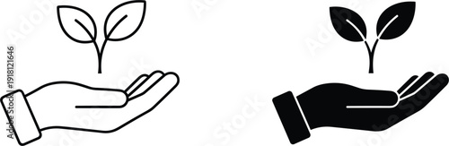 Minimalist Hand Holding Sprout Plant Vector Icon Set in Outline and Solid Black Styles for Eco Sustainability Growth Care and Environmental Protection Designs