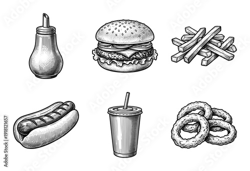 Vintage woodcut style fast food illustration set featuring a hamburger, hot dog, french fries, onion rings, soda cup, and condiment dispenser.