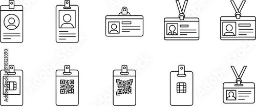 Identity Card and Badge Icon Set – Vector Corporate ID, QR Code, and Chip Outlines