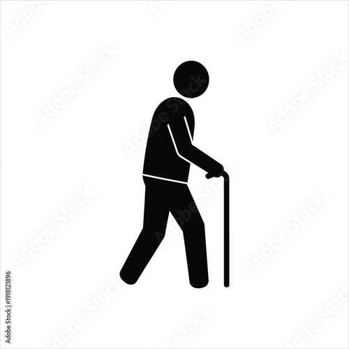 Stylized black silhouette of an elderly person walking with a cane, representing aging and mobility.