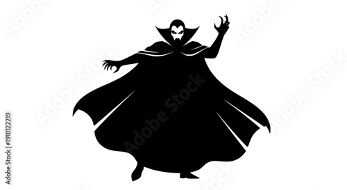 Vampire silhouette with open cape, dramatic pose, bold black solid shape, high contrast monochrome vector, white background, gothic Halloween design, clean flat illustration