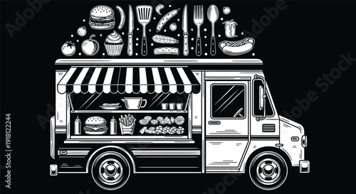 Vector Illustration of Food Truck with Burger Hotdog and Kitchen Utensil Icons for Street Food Mobile Restaurant Business and Urban Catering Designs
