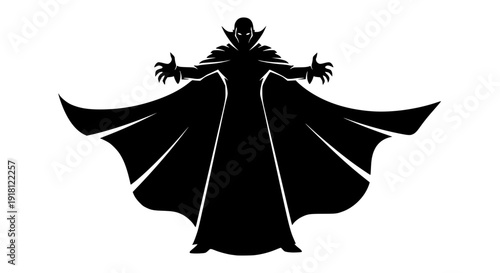Vampire silhouette with open cape, dramatic pose, bold black solid shape, high contrast monochrome vector, white background, gothic Halloween design, clean flat illustration