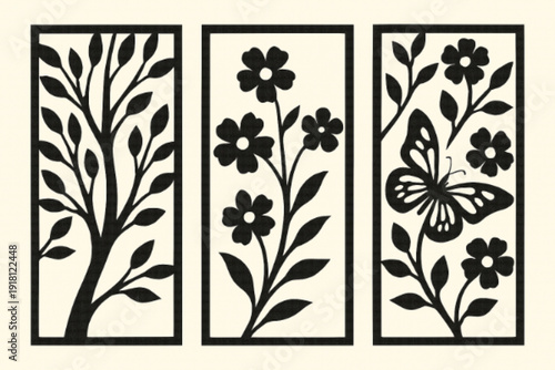 Black and White Nature Panel Set Silhouette Decor