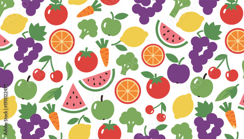 Vibrant Seamless Fruit and Vegetable Pattern Vector with Watermelon Apple Grape Cherry Lemon Orange Carrot Broccoli for Summer Fabric Wallpaper and Healthy Food Designs (