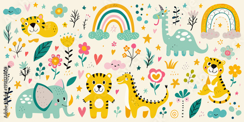 Playful illustration of animals rainbows and floral elements for children