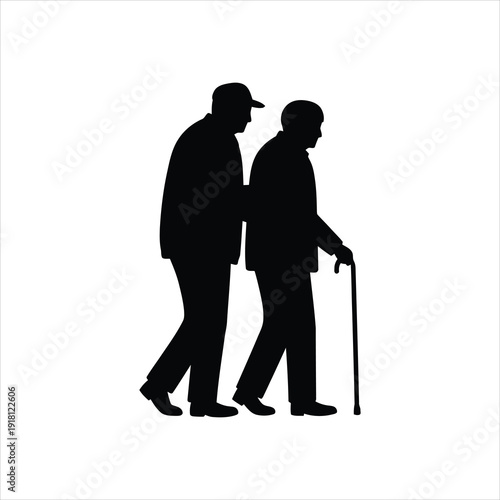 Silhouette of two elderly men walking together, one with a cane and the other with a hand on his shoulder, symbolizing companionship and support.