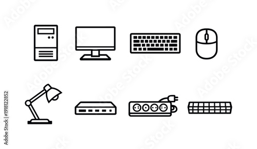 Office workstation hardware: desktop computer, monitor stand, keyboard, mouse, docking station, desk lamp, power strip, cable tray
