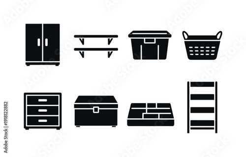 Home utility storage: storage cabinet, wall shelf, plastic bin, fabric basket, drawer unit, storage chest, organizer tray, shelving unit