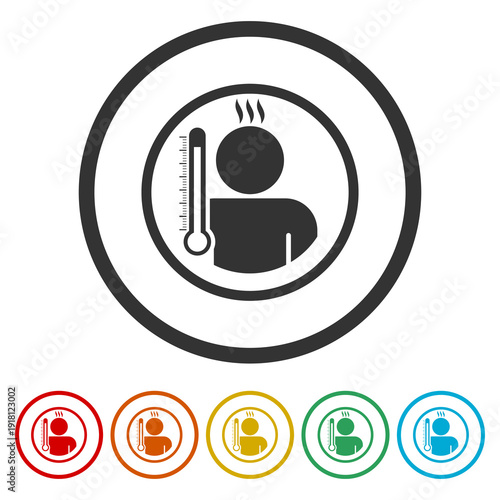 High body temperature icon. Set icons in color circle buttons