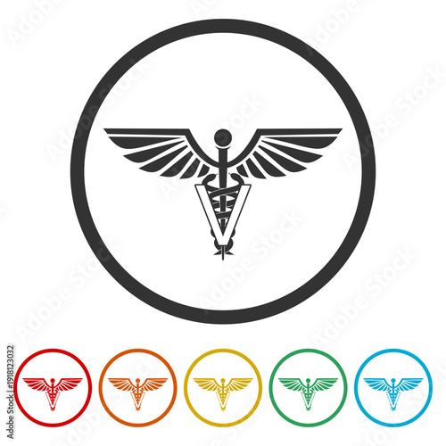 Veterinary caduceus symbol icon. Set icons in color circle buttons