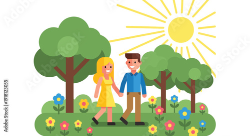 Spring season vector illustration of happy couple walking in blooming park with sunshine and flowers. Fresh lifestyle concept for seasonal advertising, travel promotion, and outdoor themes
