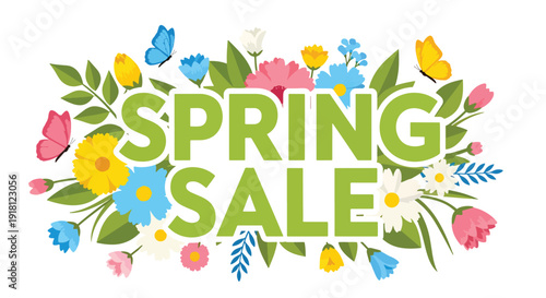 Spring sale vector poster with blooming flowers, butterflies, and fresh leaves surrounding copy space. Seasonal March promotion design perfect for retail marketing, advertising, and ecommerce campaign