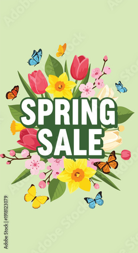 Spring sale vector poster with blooming flowers, butterflies, and fresh leaves surrounding copy space. Seasonal March promotion design perfect for retail marketing, advertising, and ecommerce campaign
