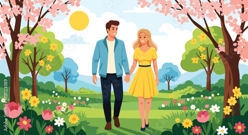 Spring season vector illustration of happy couple walking in blooming park with sunshine and flowers. Fresh lifestyle concept for seasonal advertising, travel promotion, and outdoor themes