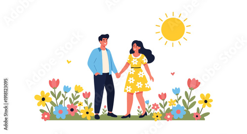 Spring season vector illustration of happy couple walking in blooming park with sunshine and flowers. Fresh lifestyle concept for seasonal advertising, travel promotion, and outdoor themes