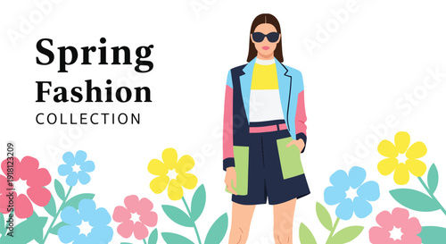 Spring fashion sale vector poster with stylish female model and floral decorations. Trendy seasonal retail marketing template ideal for boutique promotion, ecommerce banners, and branding