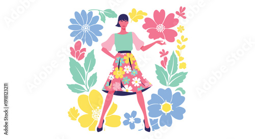 Spring fashion sale vector poster with stylish female model and floral decorations. Trendy seasonal retail marketing template ideal for boutique promotion, ecommerce banners, and branding