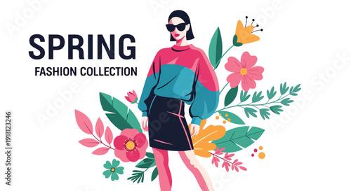 Spring fashion sale vector poster with stylish female model and floral decorations. Trendy seasonal retail marketing template ideal for boutique promotion, ecommerce banners, and branding
