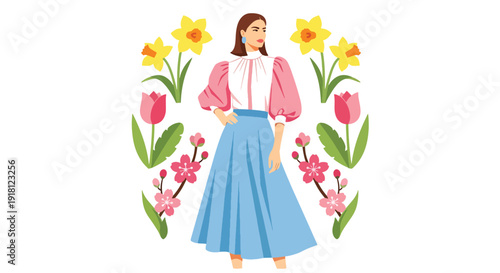 Spring fashion sale vector poster with stylish female model and floral decorations. Trendy seasonal retail marketing template ideal for boutique promotion, ecommerce banners, and branding