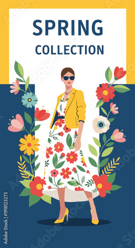 Spring fashion sale vector poster with stylish female model and floral decorations. Trendy seasonal retail marketing template ideal for boutique promotion, ecommerce banners, and branding